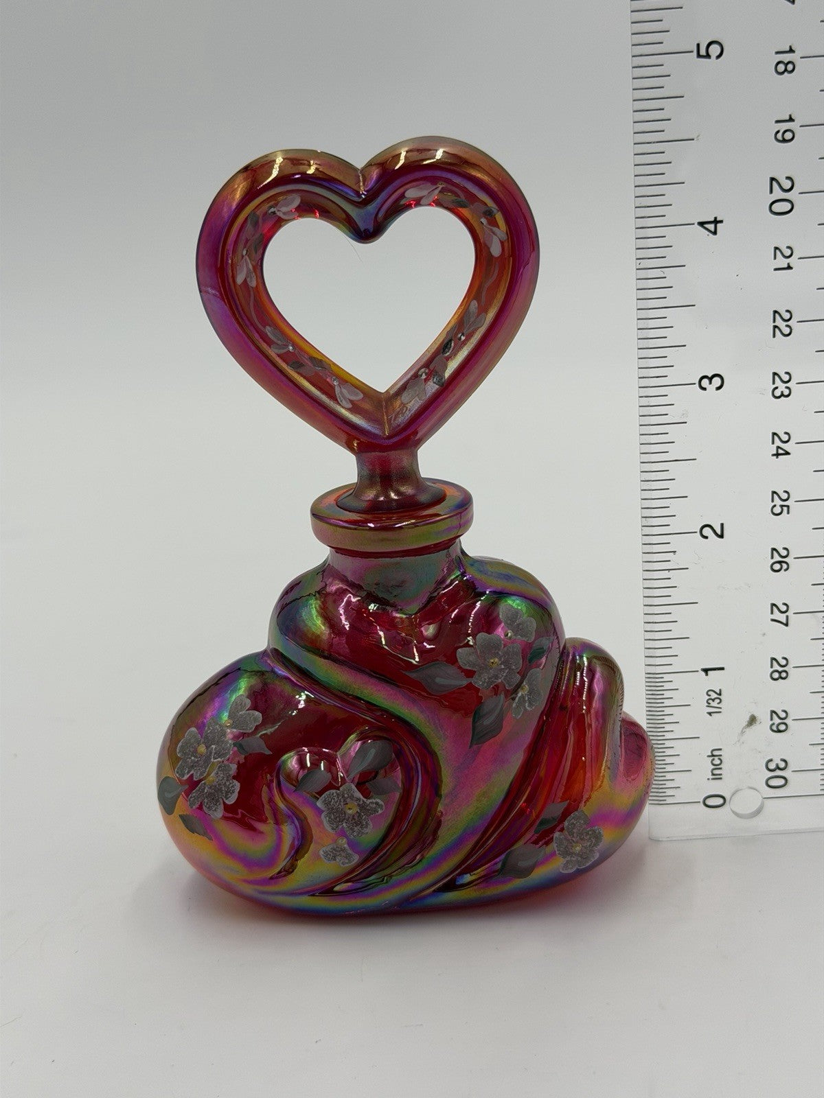 Fenton QVC Ruby Red Carnival Glass Perfume Bottle Heart Topper HP Flowers Signed