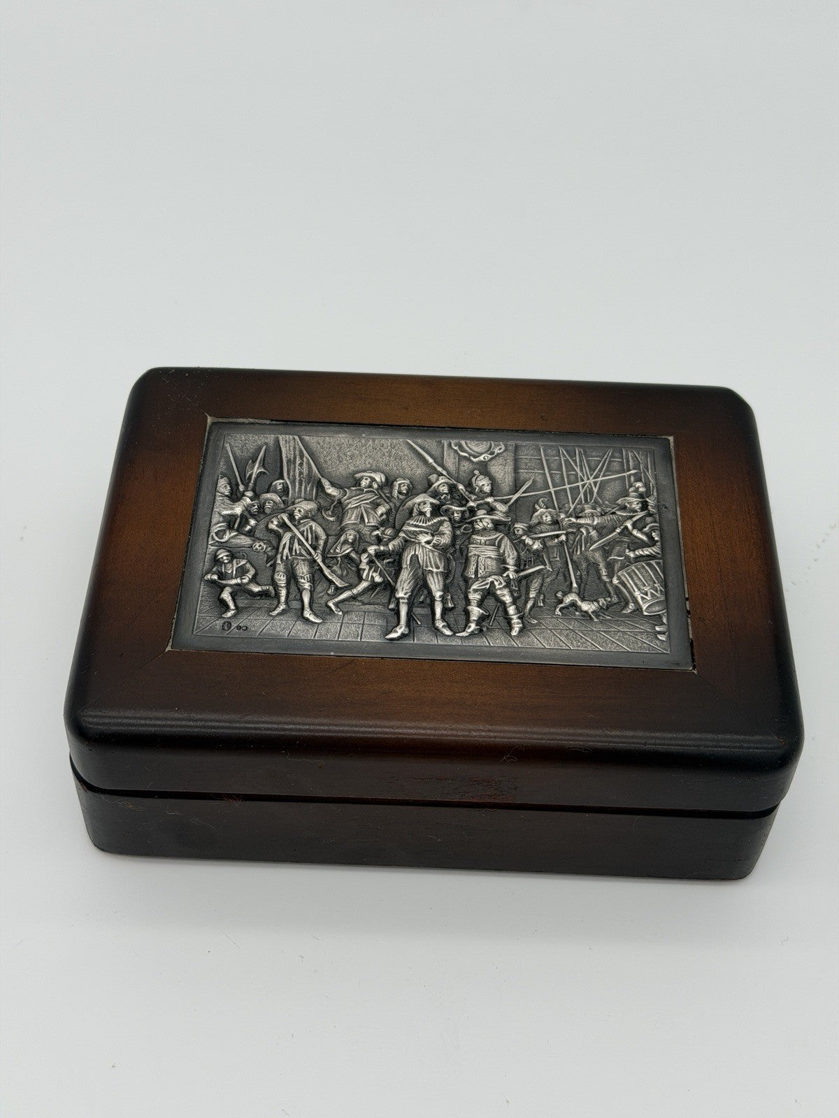 Antique Dutch Silver Mounted Wood Box Keepsake Folk Art Rembrandt’s Night Watch
