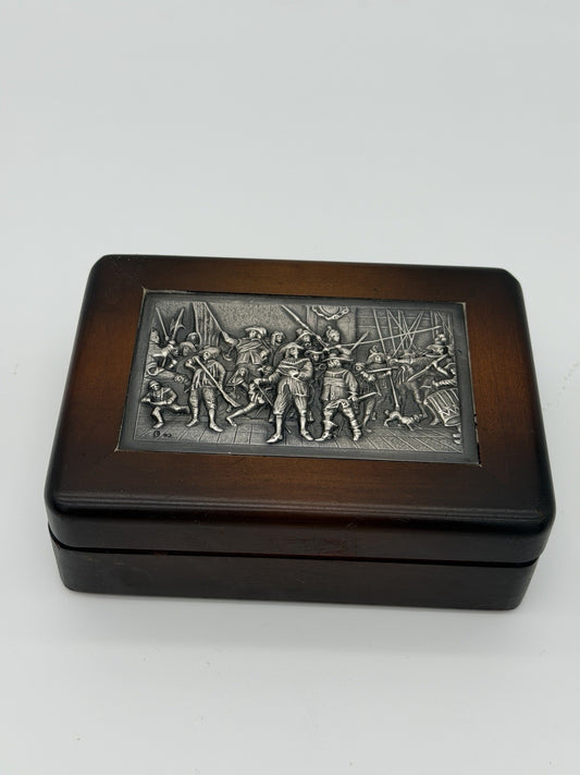 Antique Dutch Silver Mounted Wood Box Keepsake Folk Art Rembrandt’s Night Watch