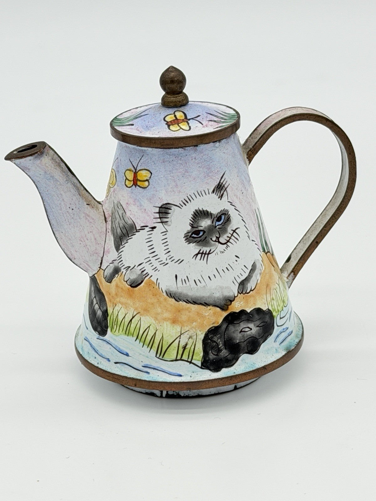 Vintage Kelvin Chen Enameled Hand Painted Cat Miniature Tea Pot 3.5”H Rare