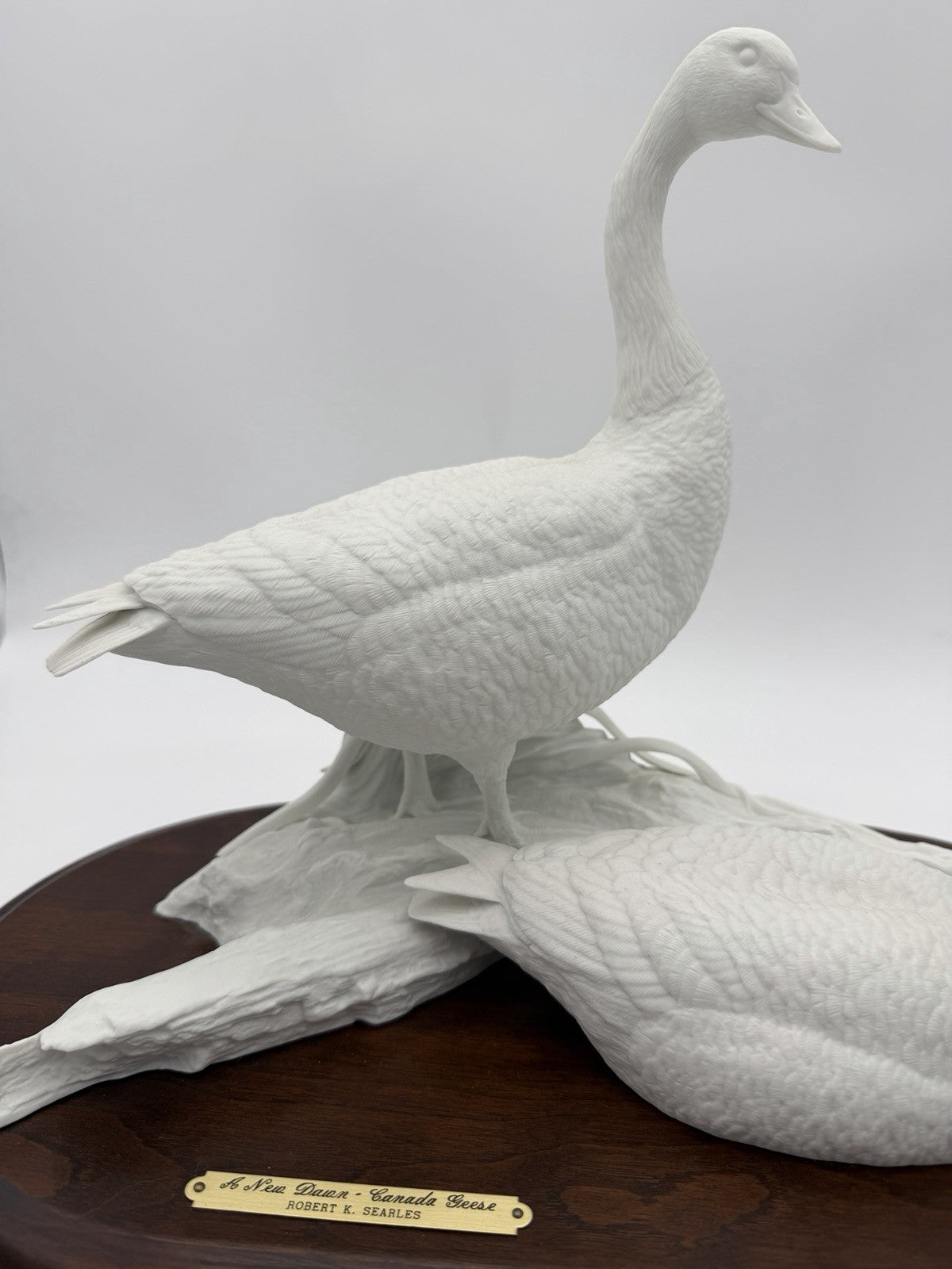 Robert E. Searles white bisque porcelain Canada Geese sculpture A New Dawn wood