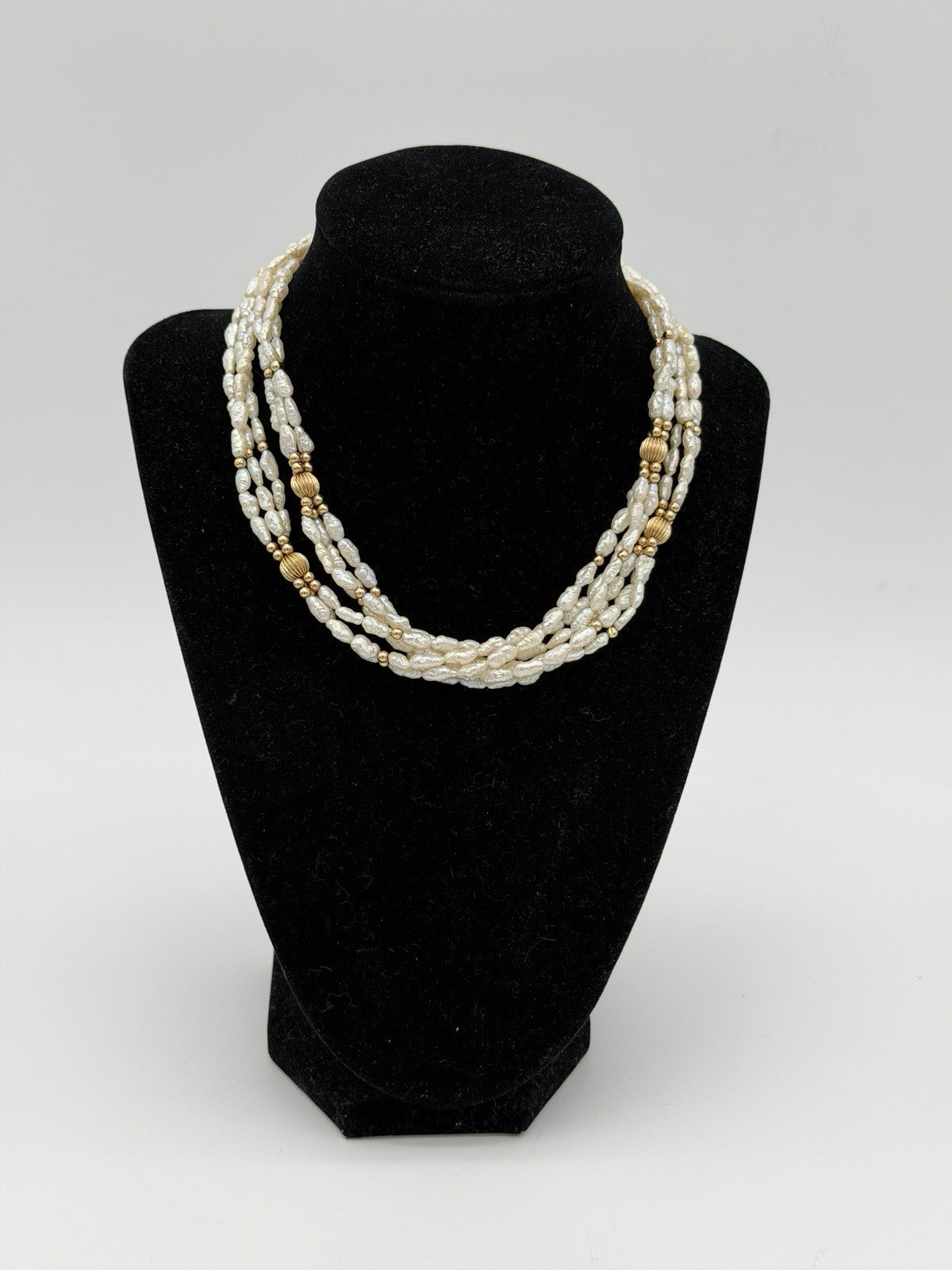 14K Yellow Gold Ribbed Beaded Freshwater Pearl Necklace Triple Strand 31”