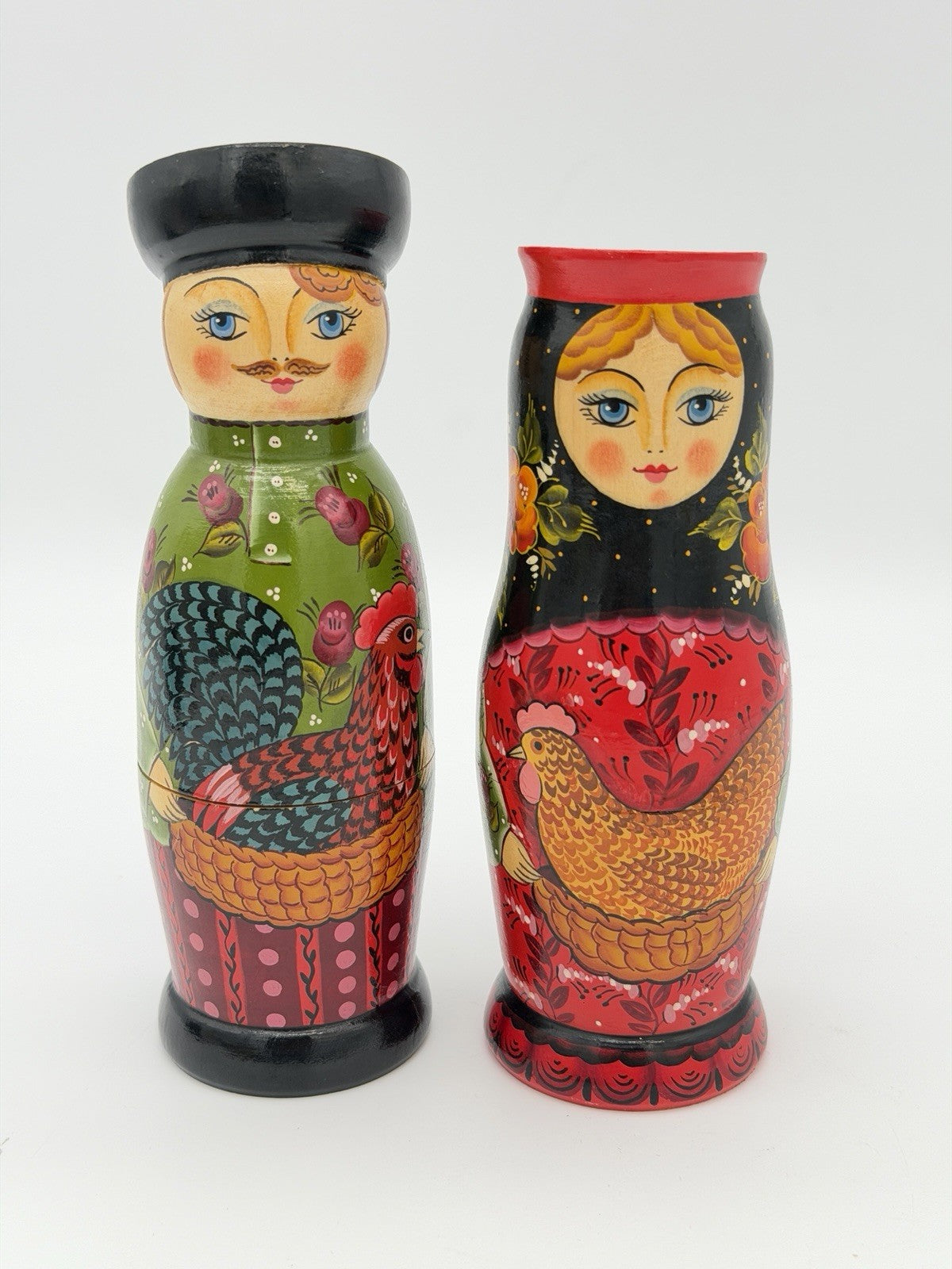 Vintage Folk Art Wood Carved Painted matryoshka Dolls Rooster /hen Signed 6.5”