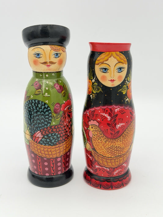 Vintage Folk Art Wood Carved Painted matryoshka Dolls Rooster /hen Signed 6.5”