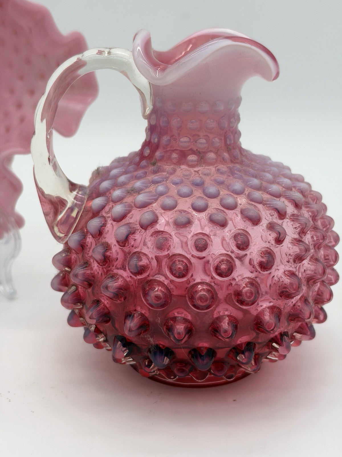 Vtg Fenton Art Glass Cranberry Opalescent Hobnail Ruffled Bowl & Pitcher