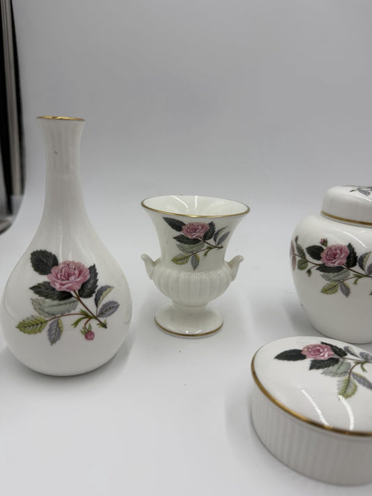 Wedgwood Bone China England Hathaway Rose Lot 7 PCs Vases Trinket Tray
