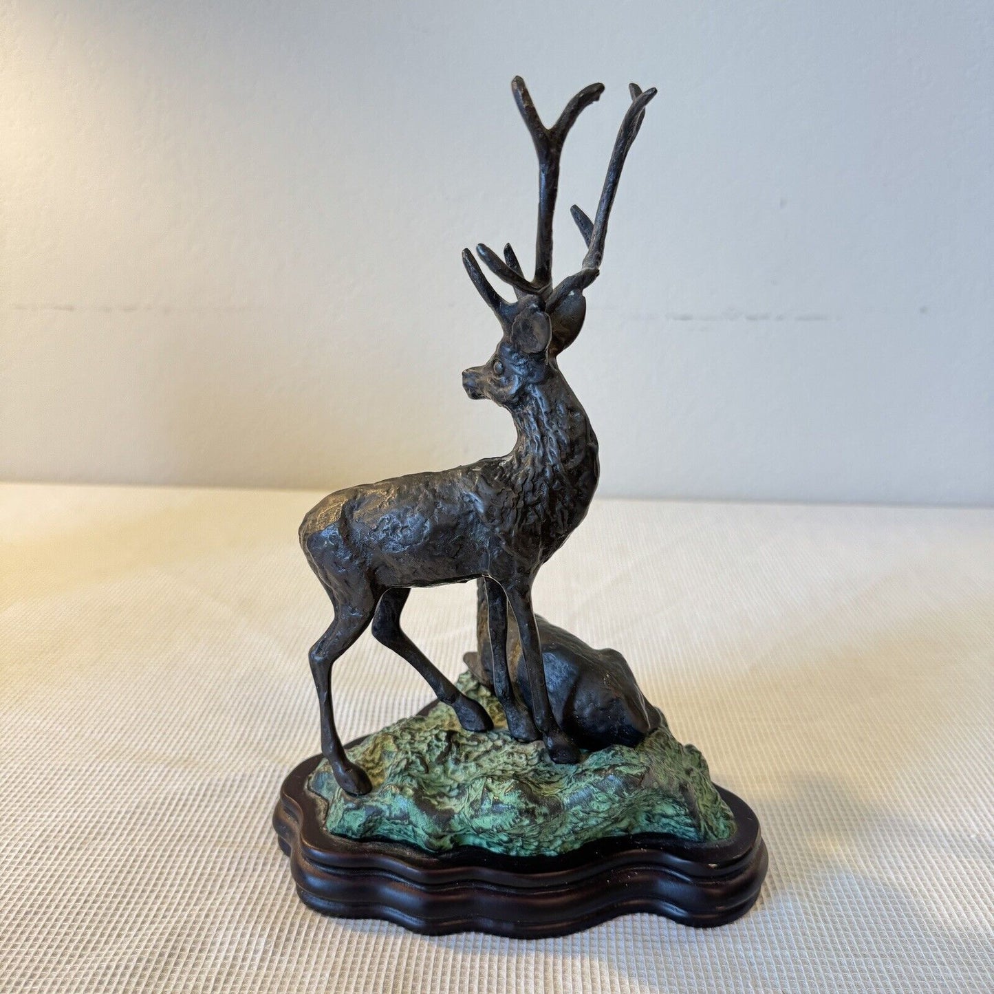 Bronze Sculpture Deer Stag Buck with Doe on Wood Base 10in Tall Natural Pose