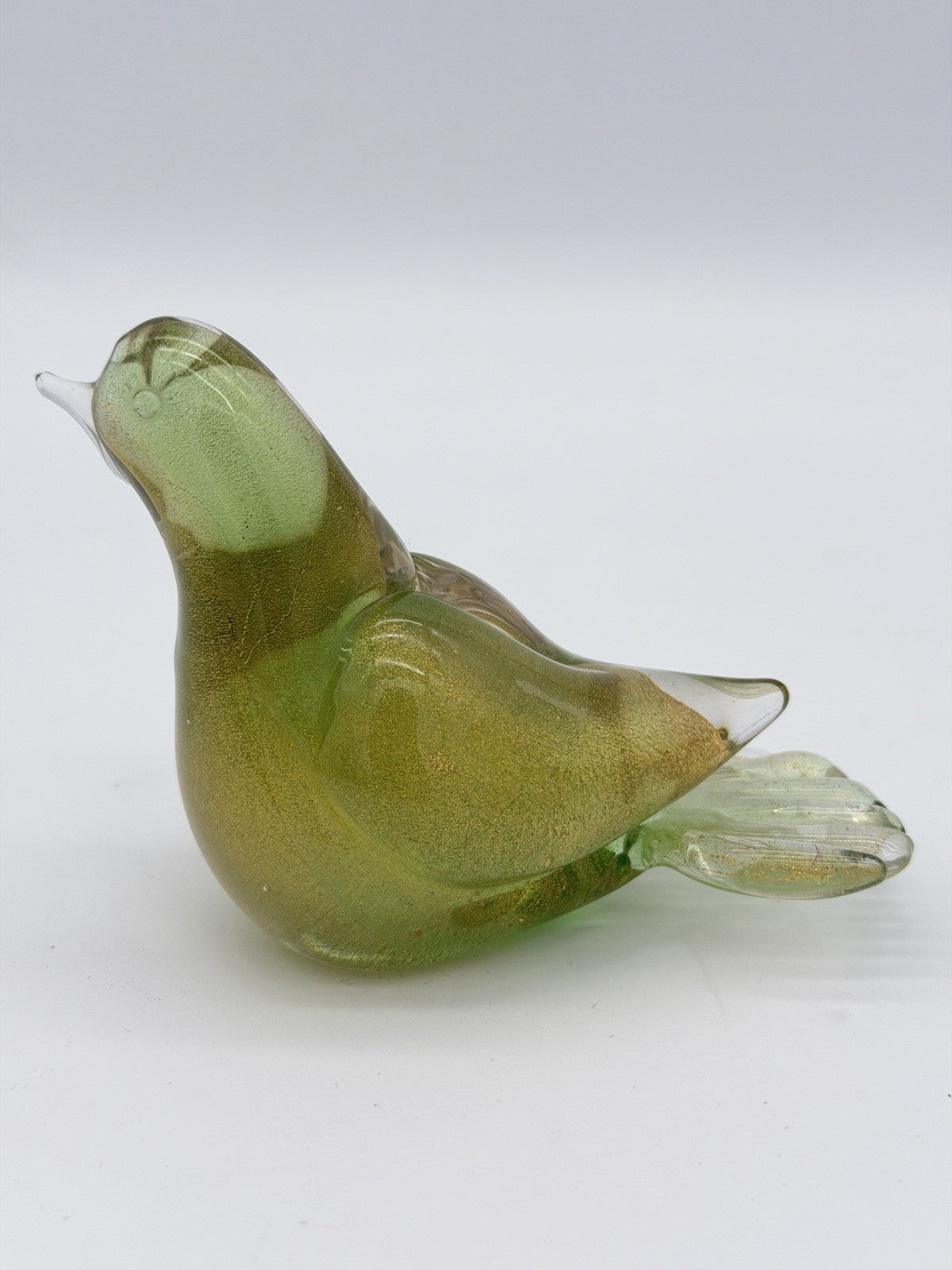 Formia Murano Italy Art Glass Green & Gold  Flecked Bird Hand Blown Figurine