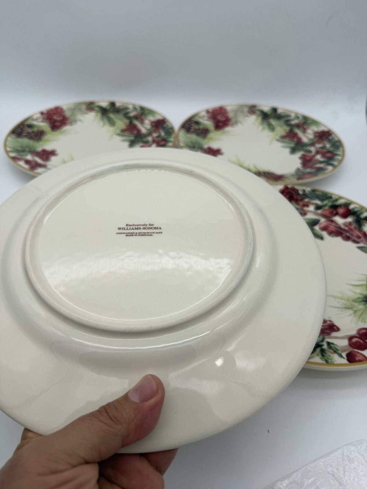 Botanical Wreath Williams Sonoma Dinner Plates 10.5” Red Berries & Pinecones 4