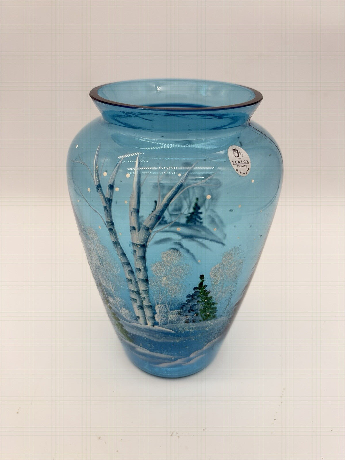 Fenton Art Glass Quality Blue Hand Painted Winter Christmas Scene Vase 8.5”H