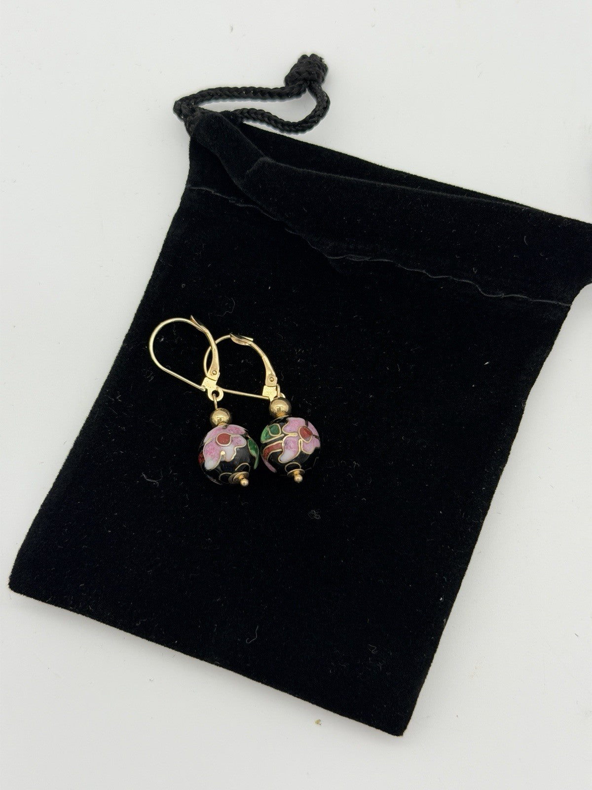 Vtg Pair of Earrings 14K Gold Cloisonne Flower Ball Drop Dangle Signed ZZ 585