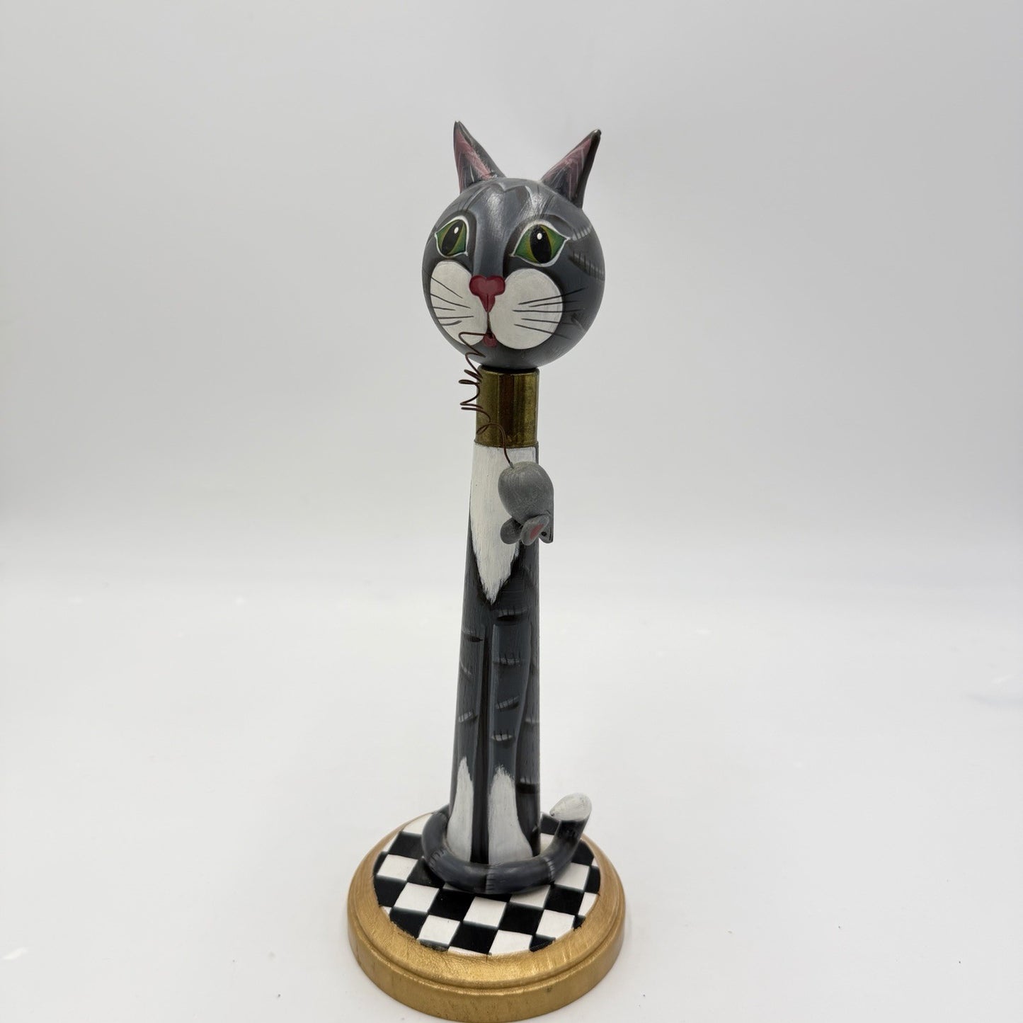 Vintage Folk Art American Spindle Art Cat With Mice Wood Carved 10.5in