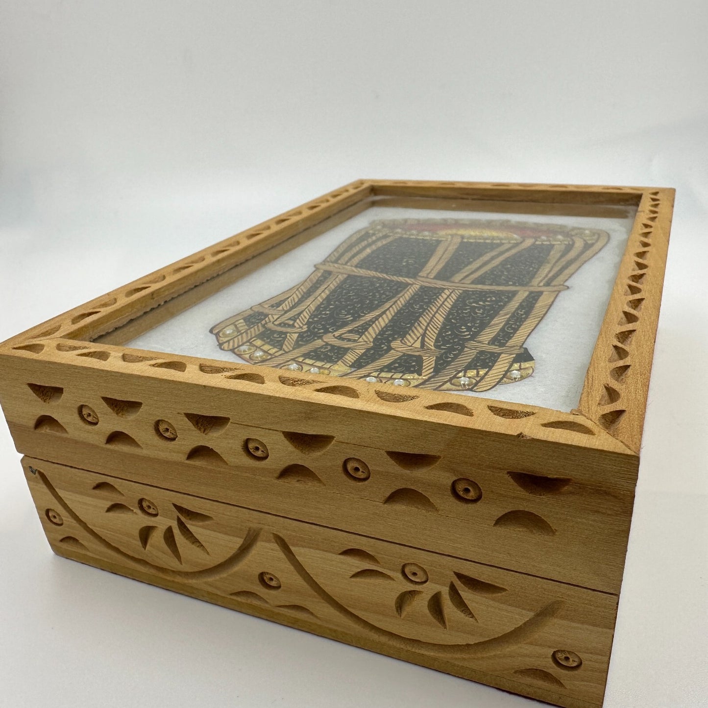 Jewelry Box The Nodding Head Dhol Drum on Lid Red Velvet Carved Wooden