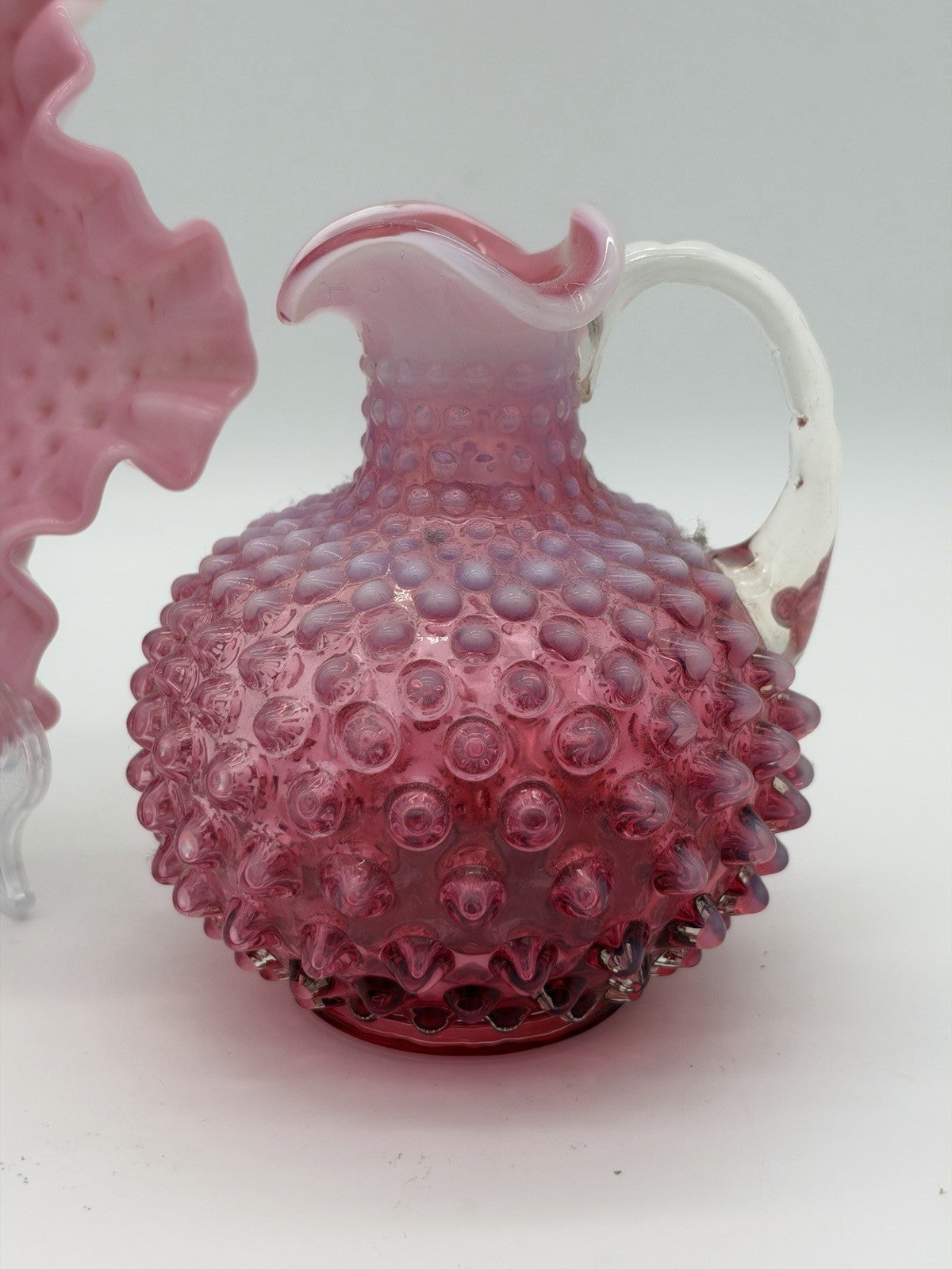 Vtg Fenton Art Glass Cranberry Opalescent Hobnail Ruffled Bowl & Pitcher