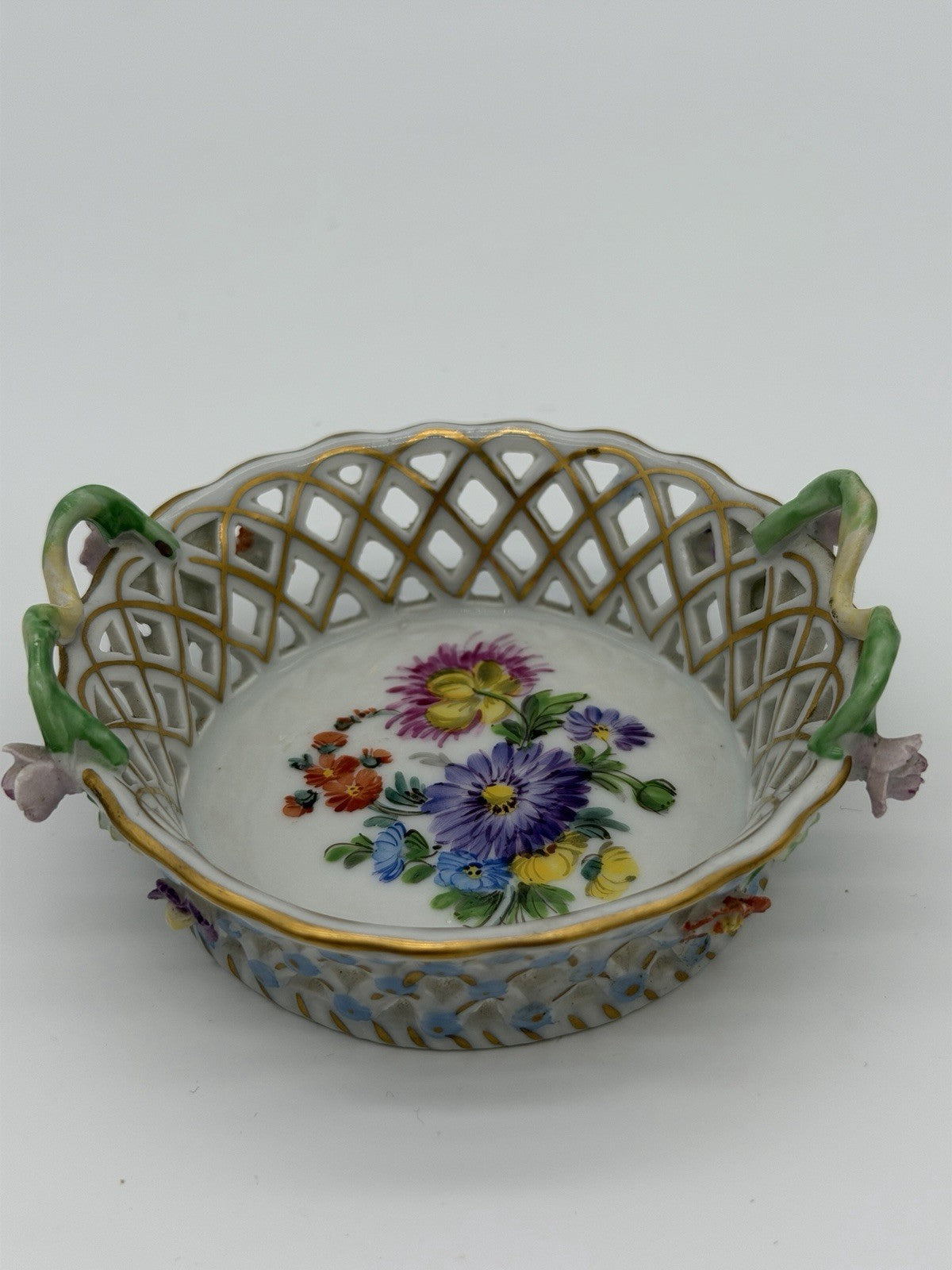 Antique Dresden Carl Thieme Pierced Reticulated Porcelain Floral Basket Dish Min