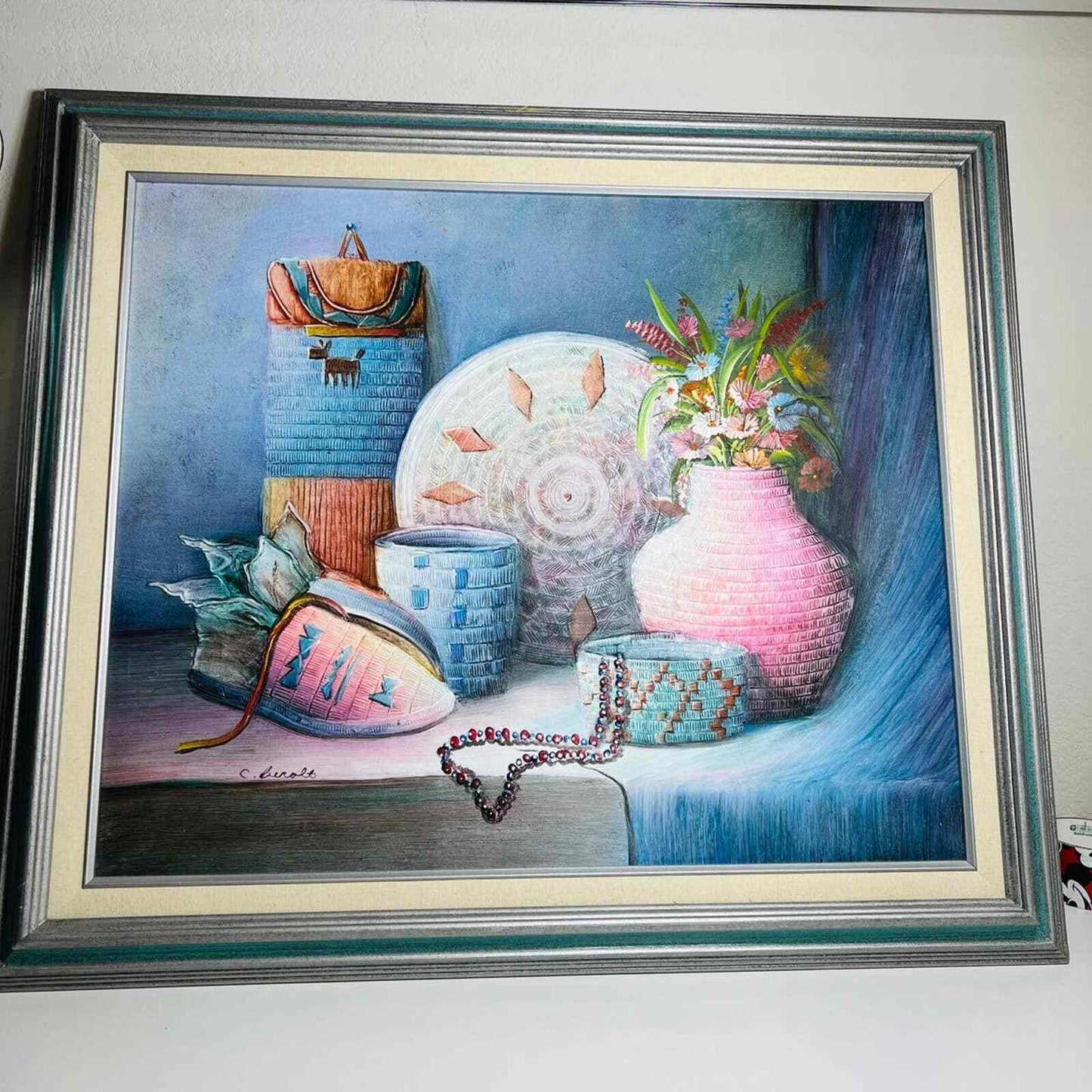 Original Painting C. Benolt Art Native American Still Oil Canvas Signed Framed