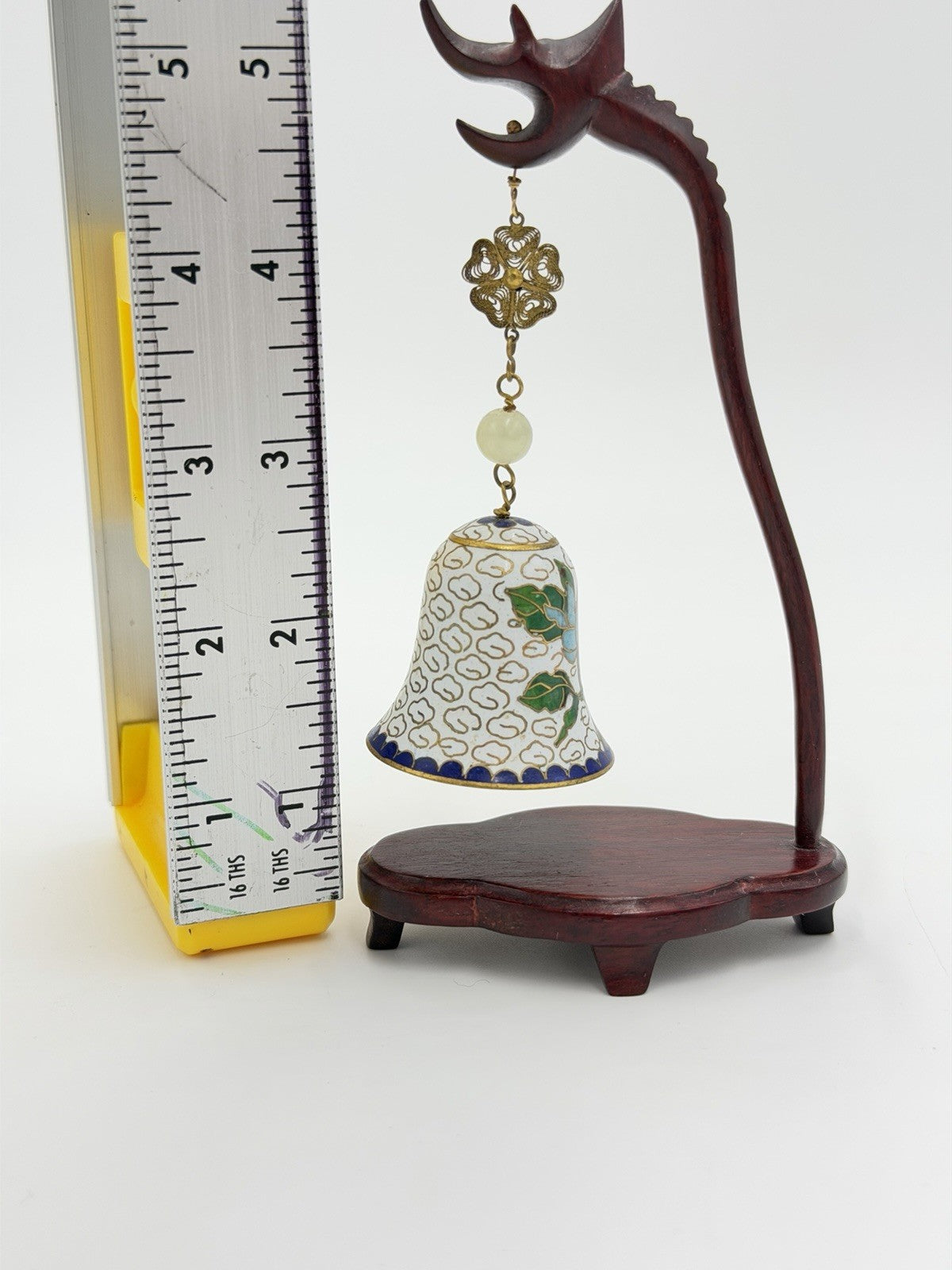 Vtg Chinese Cloisonne Enameled Bell Hanging On Wood Stand 5.75"H White Gold