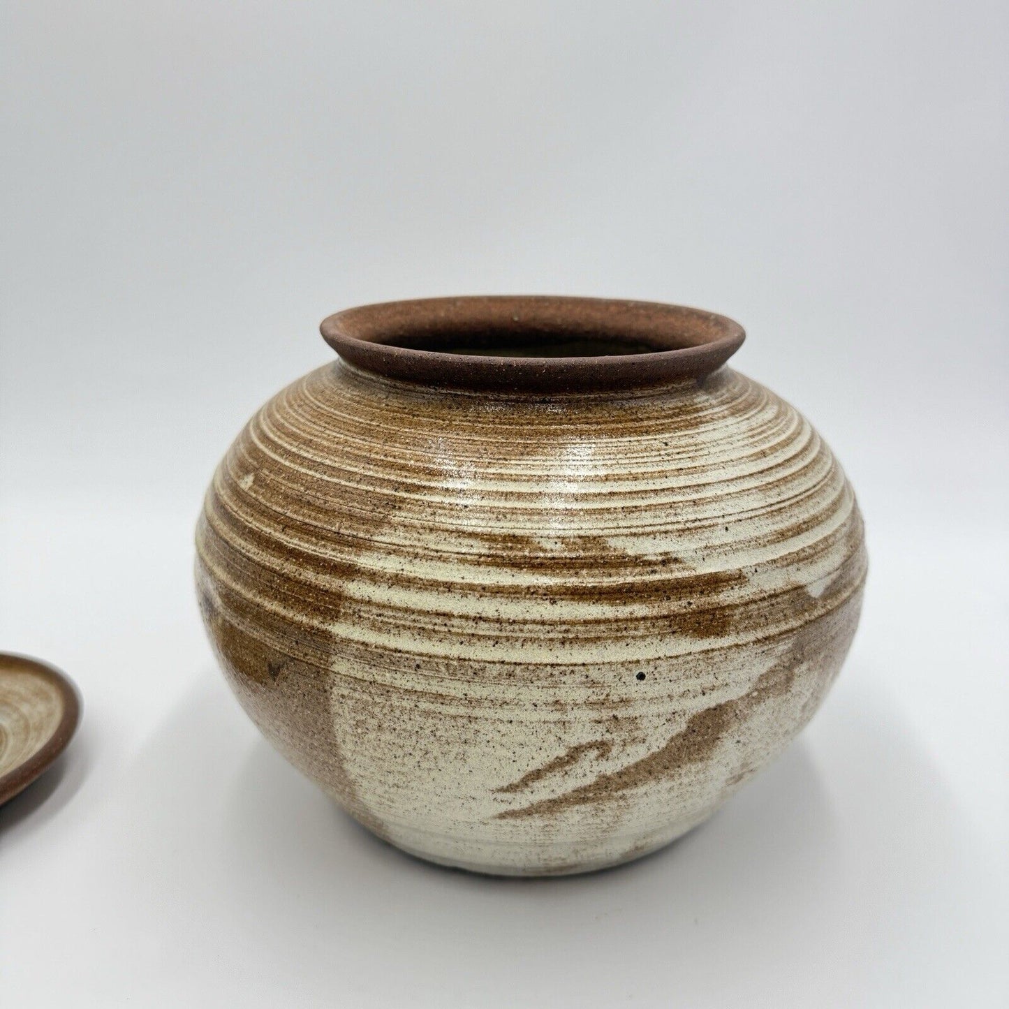 Vintage Lake Superior Art Studio Pottery Jar speckled brown ombre glaze Lidded