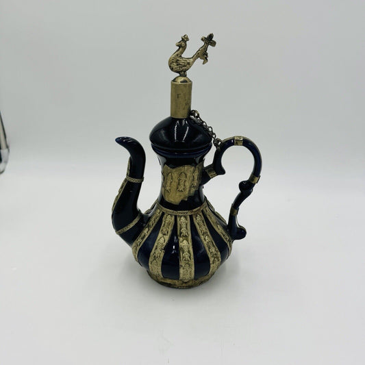 Antique Chinese Blue Cobalt Ornate Brass Design Teapot Porcelain