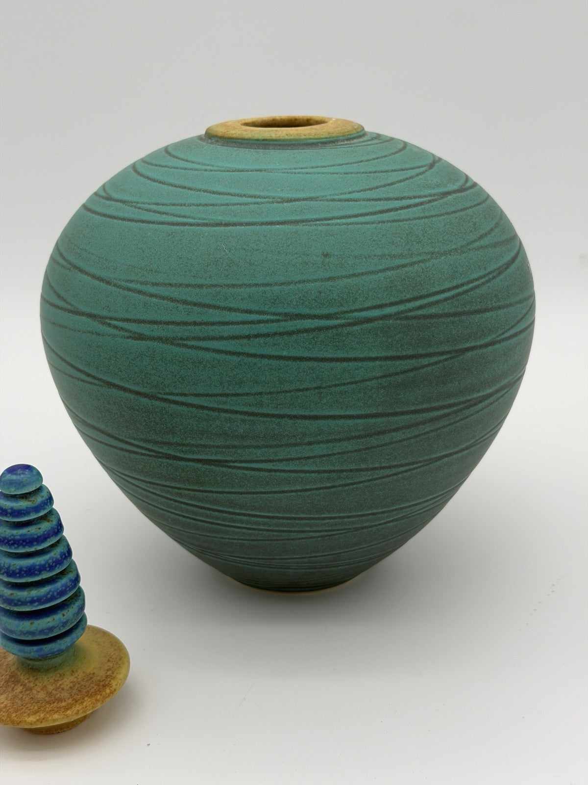 vintage Marali Blalu studio art pottery turquoise W/stopper Urn Genie Vase
