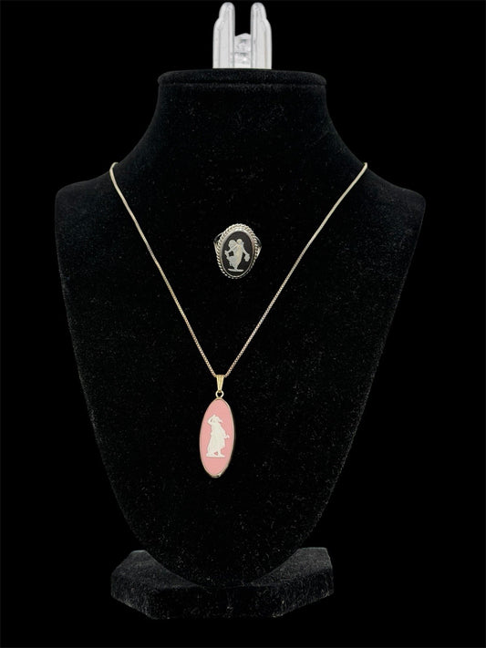 Wedgwood Jasperware Black & Pink Ring Necklace Jewelry Set 2 PCs