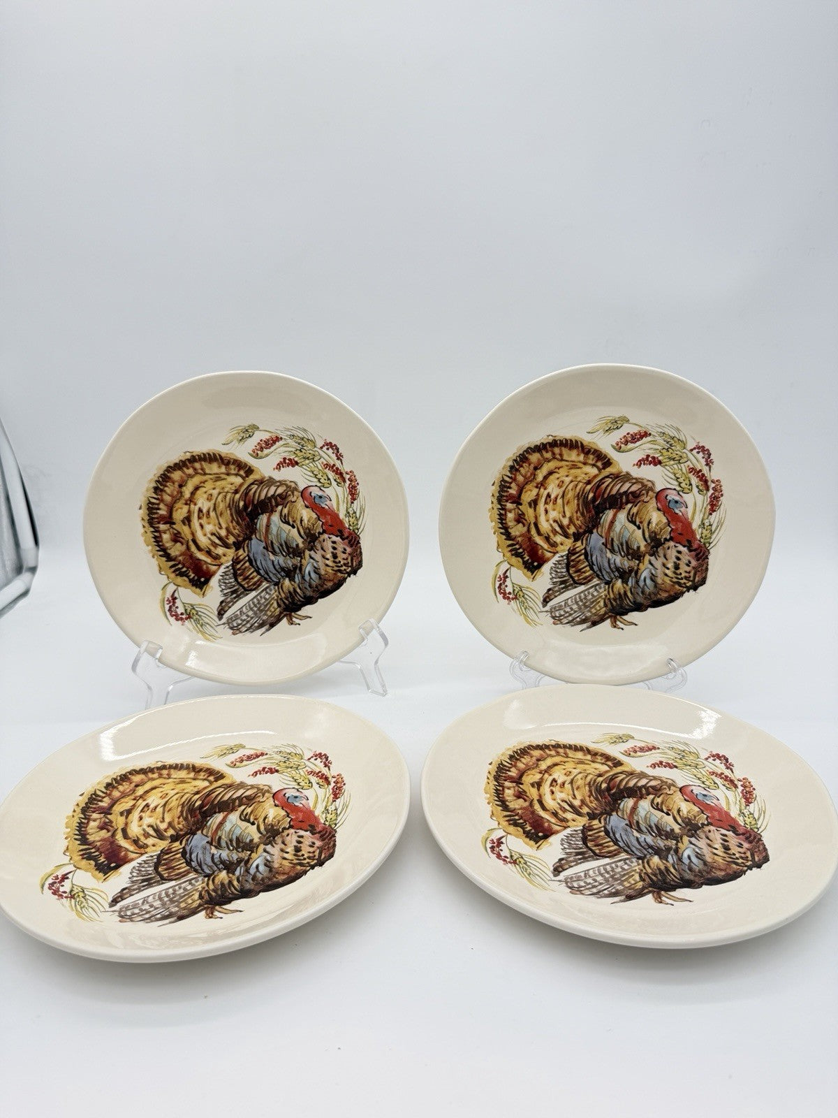 Pottery Barn Watercolor Turkey Salad Dessert Plates Set Of 4 Thanksgiving 8”