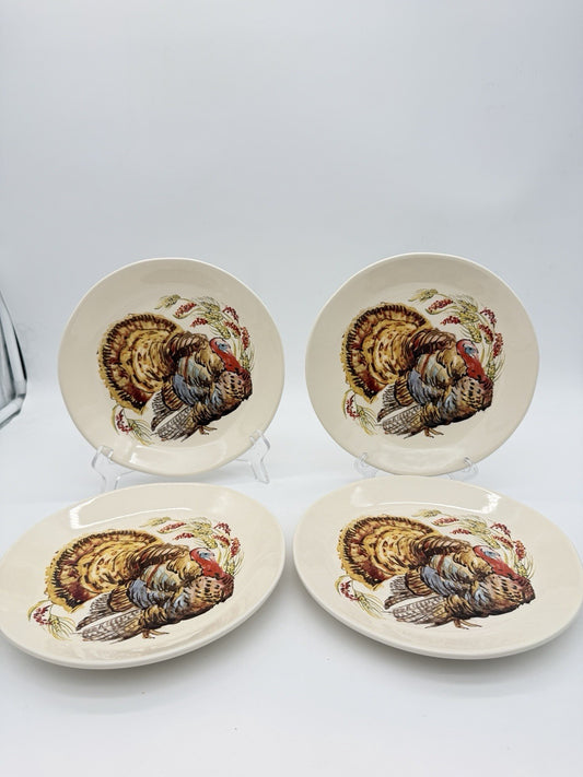 Pottery Barn Watercolor Turkey Salad Dessert Plates Set Of 4 Thanksgiving 8”