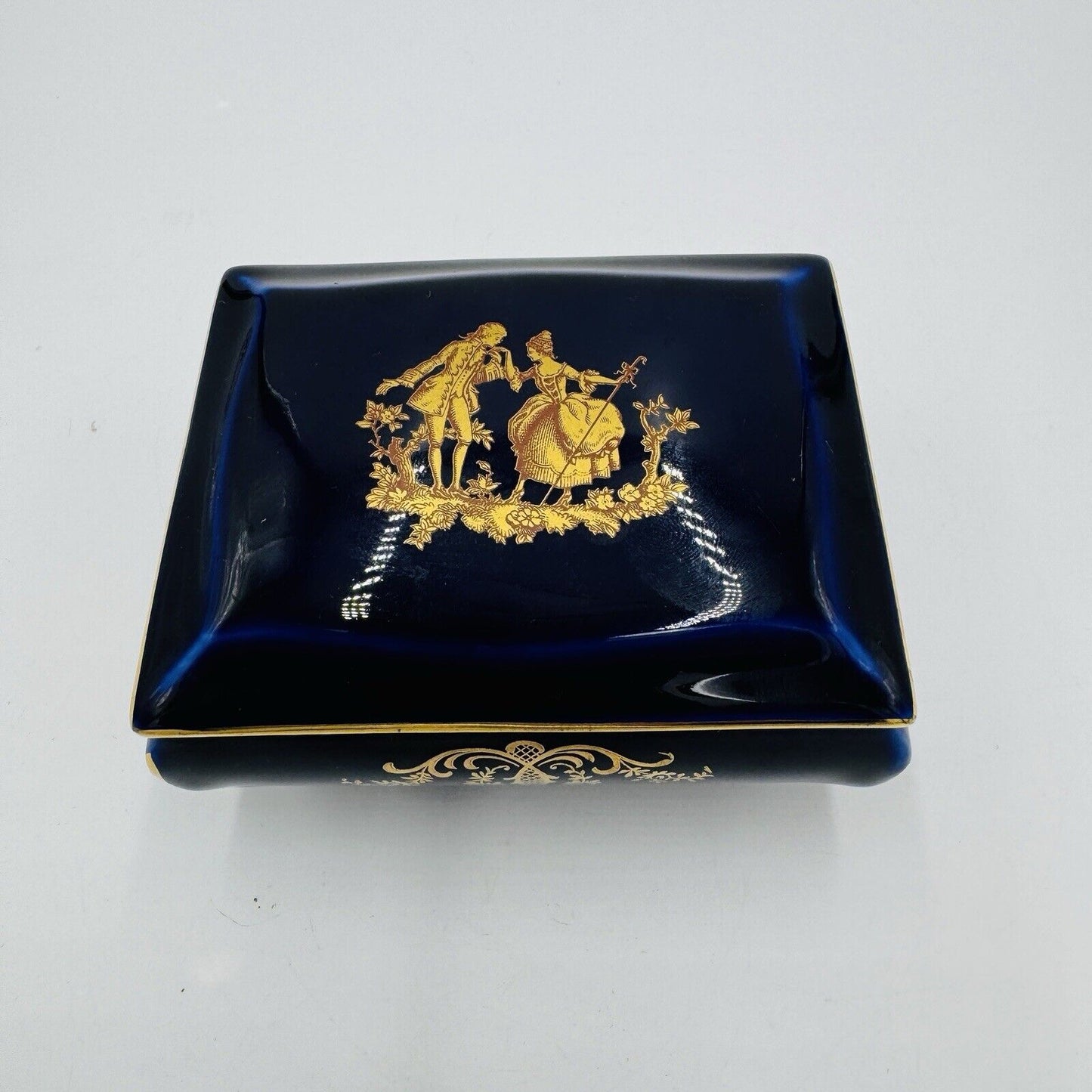 Limoges France Cobalt Blue Gilt Trinket Porcelain Box  Jewelry 2”x 4” Victorian