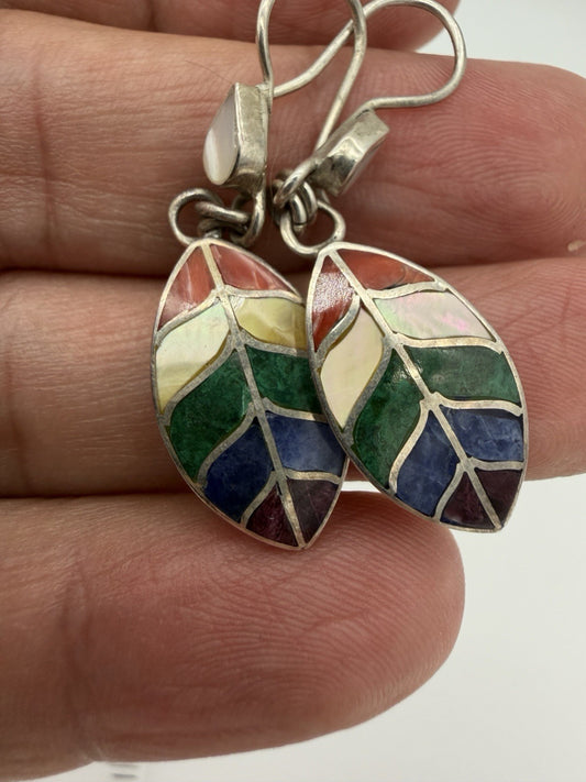 Sterling Silver Women's Earrings Alpaca Natural Stone Kantu Leaf Design Rainbow