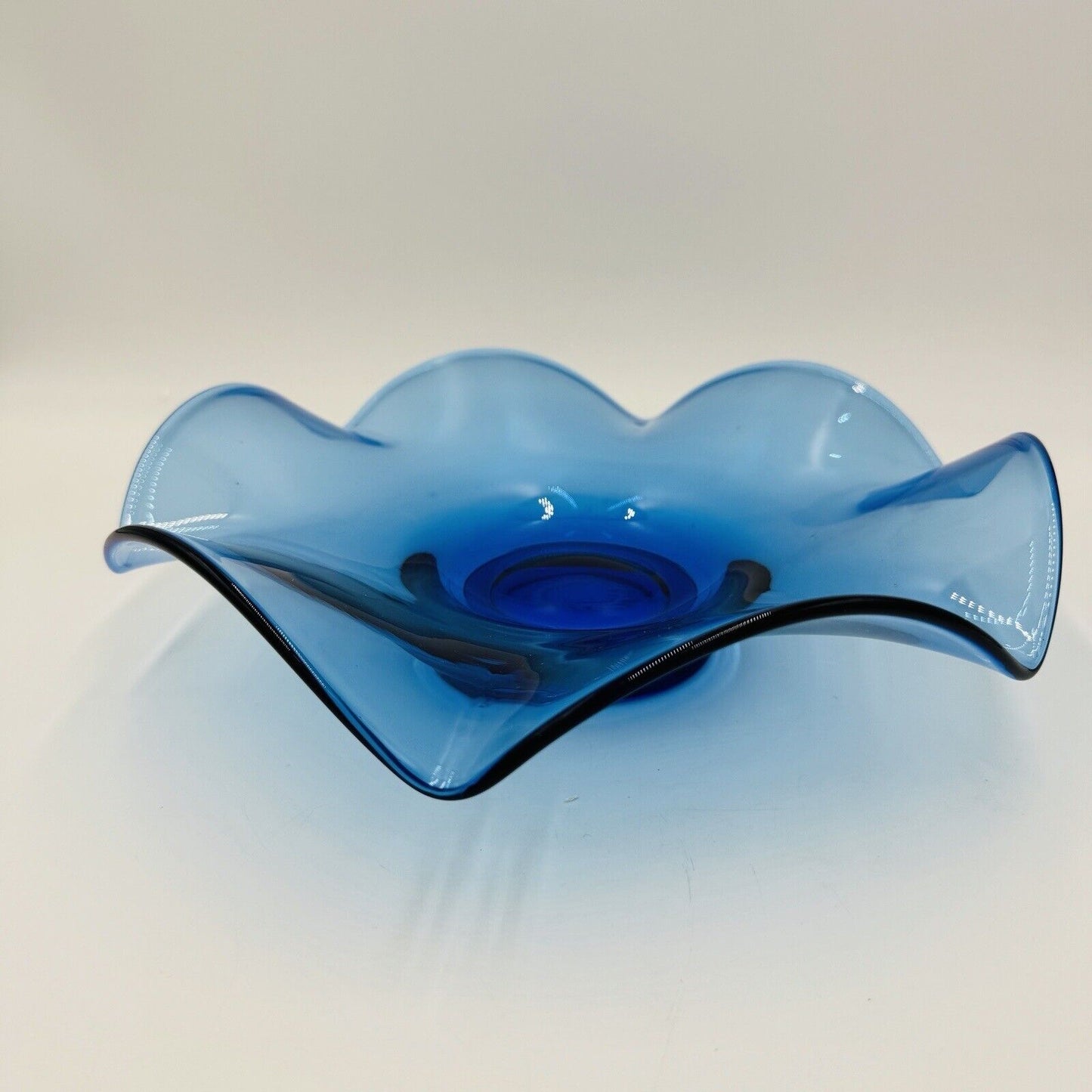 Viking Art Glass Bluenique Blue Ruffled 6 Petals Bowl 3in x 12in Rare MCM