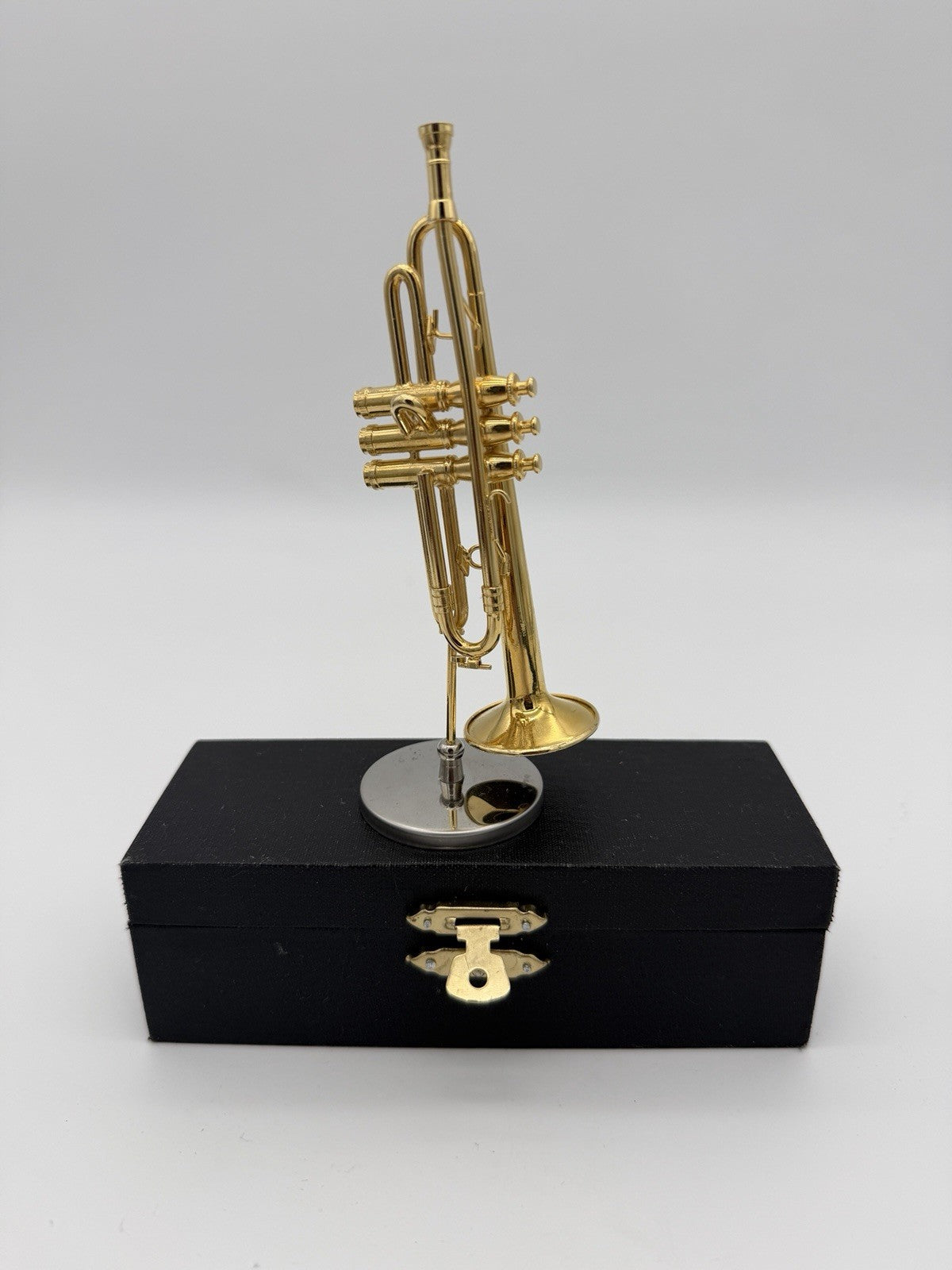 Broadway brand 5” miniature trumpet Instrument Brass figurine W/case & Stand Vtg