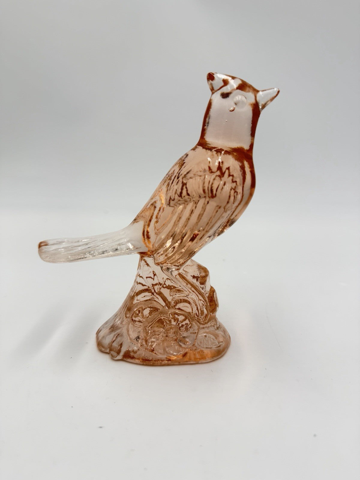 Vintage Mosser Art Glass Peach Frosted Cardinal Bird Figurine 5”H X5”L