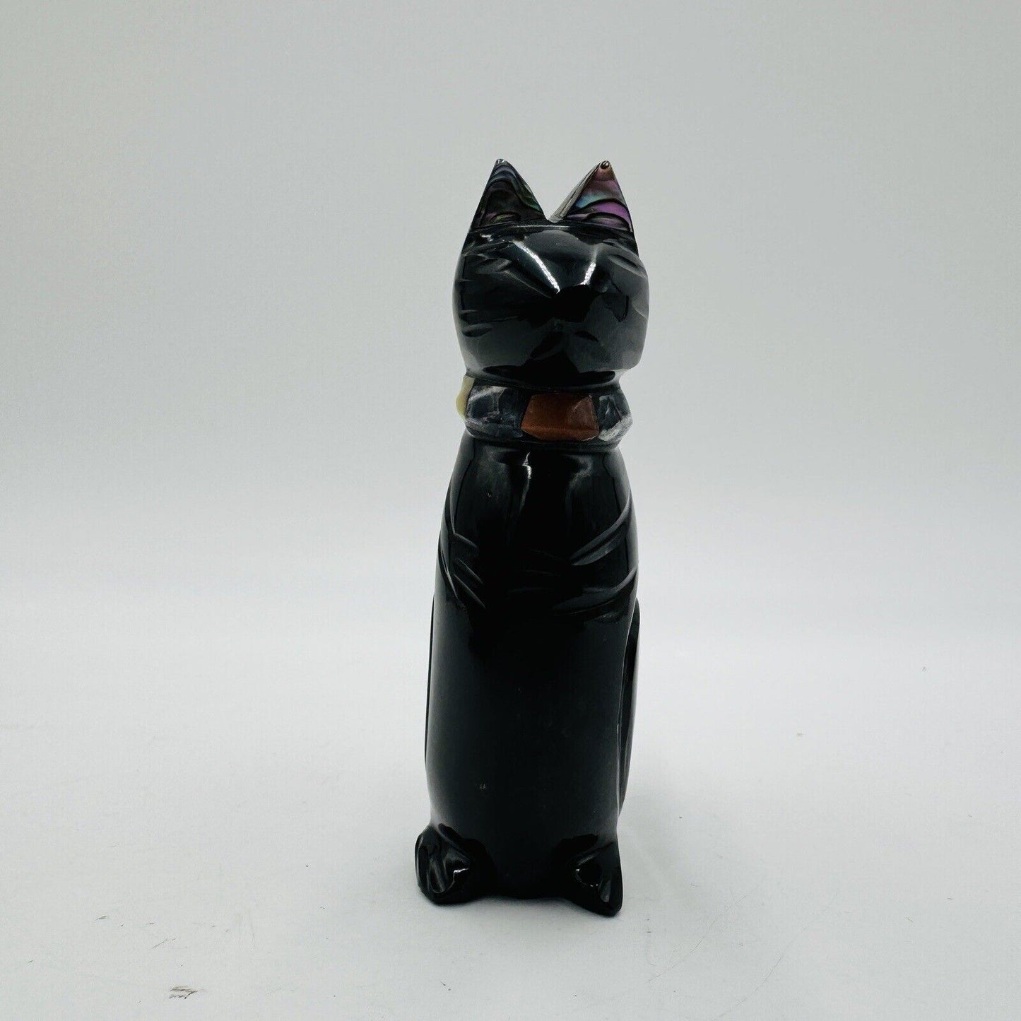 Carved Black Obsidian Cat Figurine Abalone Ears, Gemstone Collar 3.5in Signed