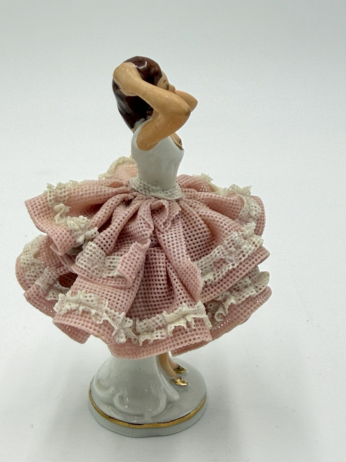 Vintage Dresden Porcelain Lace Victorian Lady Figurine Pink Dress 4” Germany