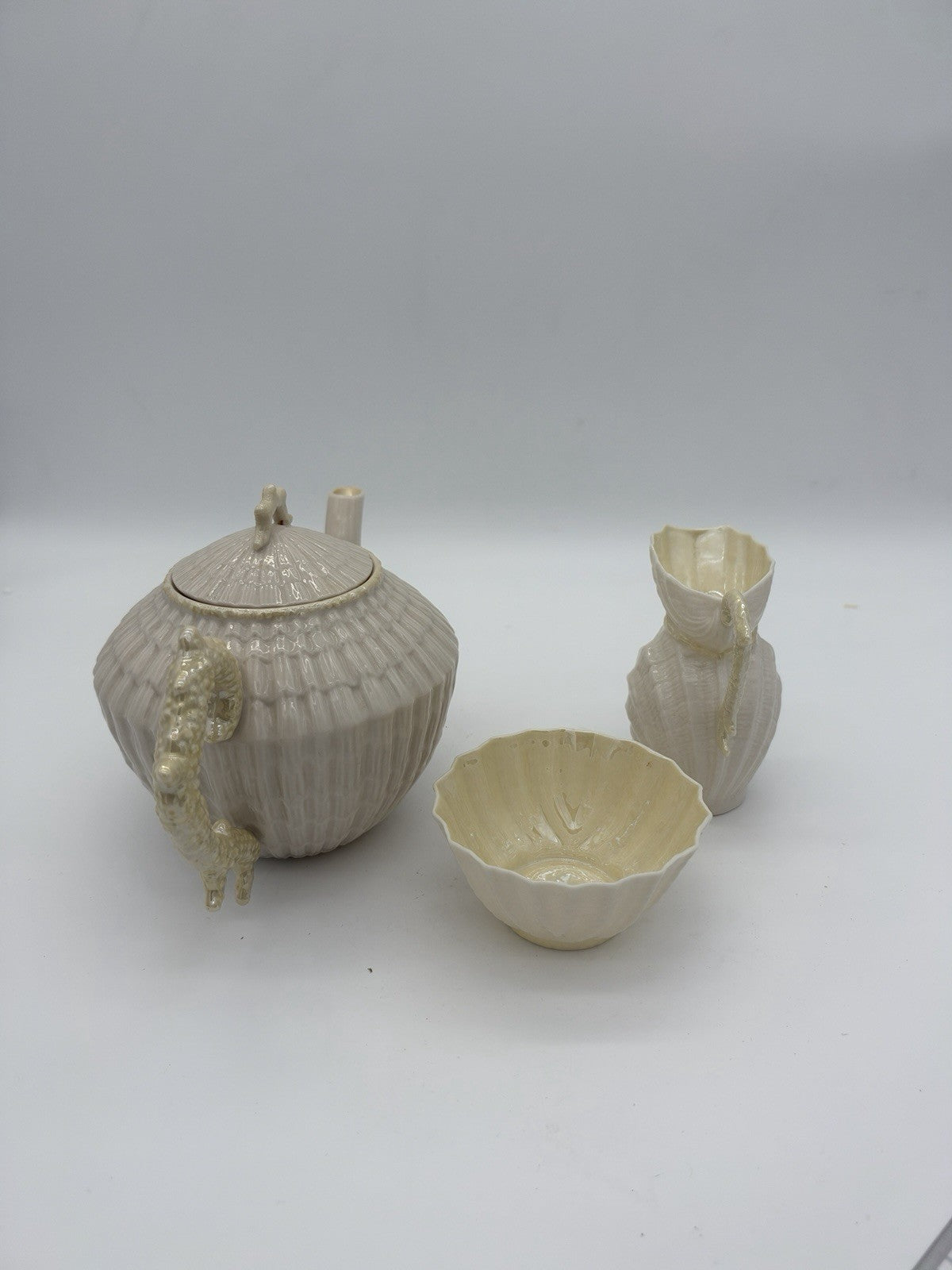 Belleek Ireland Limpet Shell Pattern Teapot Creamer &sugar Bowl 2nd Green Mark