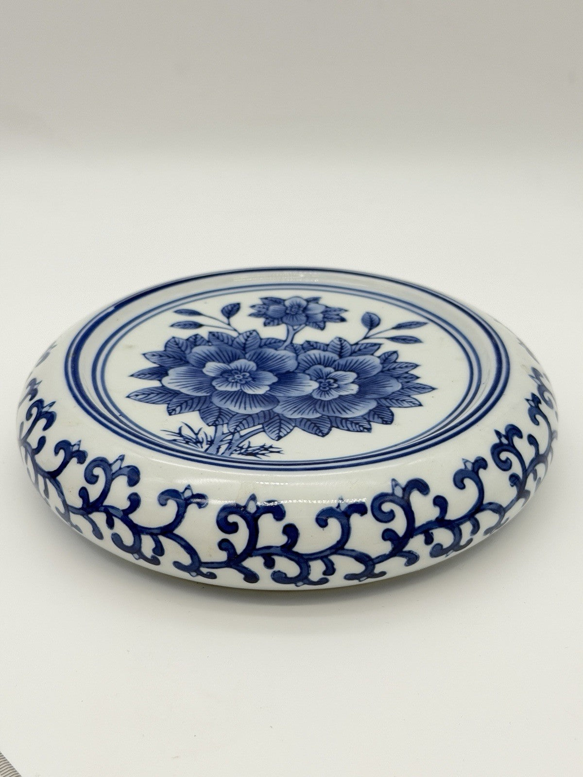 Vintage Chinese Round Base Plant Stand Trivet Blue/white Chinoiserie Porcelain