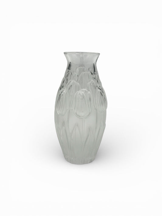 Vintage Lalique France Crystal Frosted Tulips Clear Vase Signed Spring 7” H