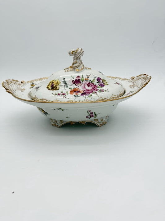 Antique Meissen 2pc Porcelain Lidded Tureen Caserole Dish Bowl FLoral Germany