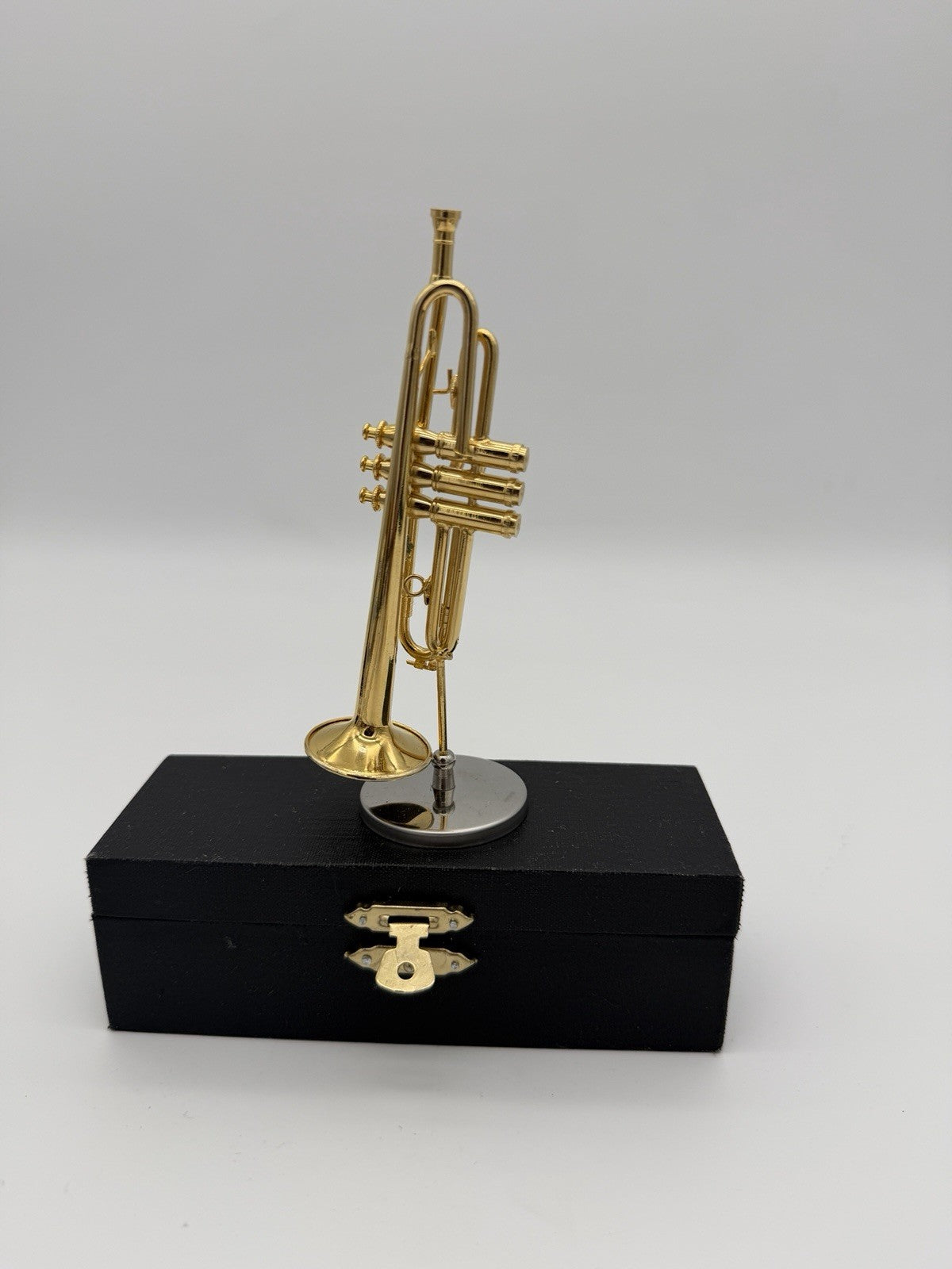 Broadway brand 5” miniature trumpet Instrument Brass figurine W/case & Stand Vtg