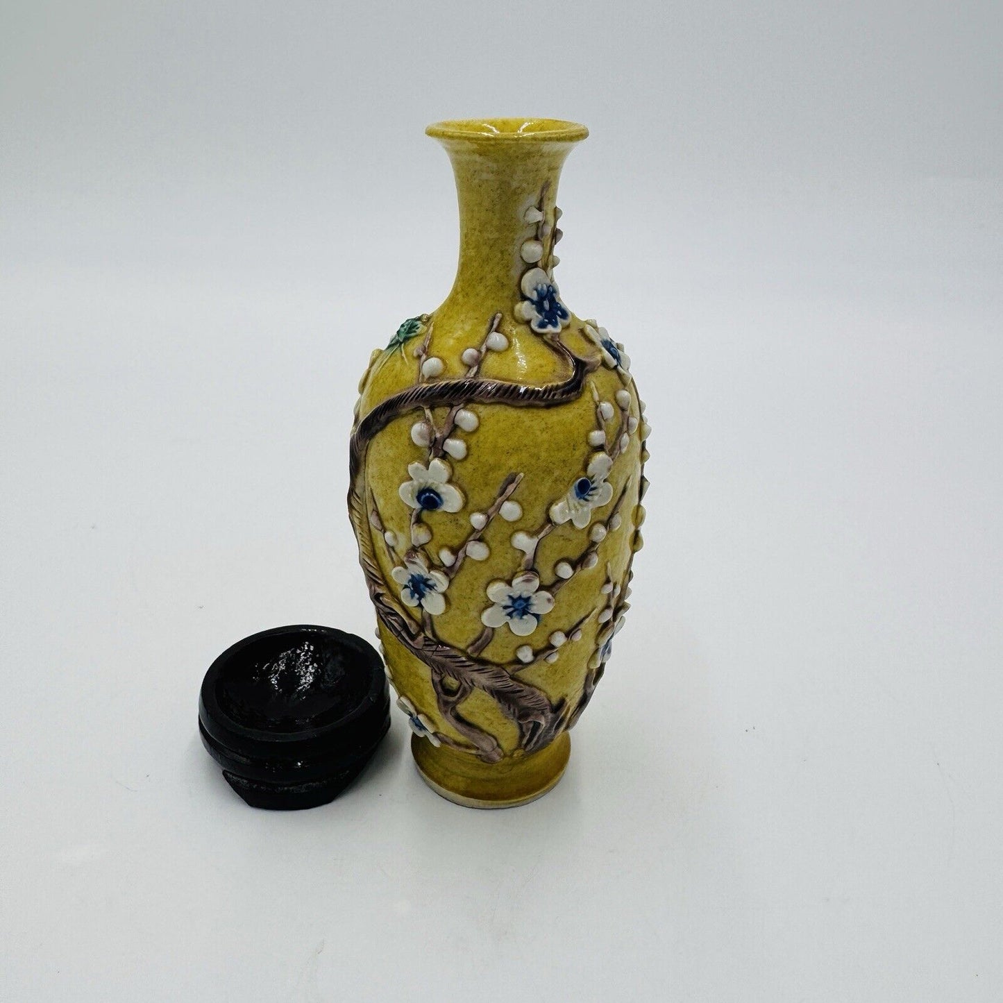 Antique Chinese Yellow Qing Dynasty Plum Blossoms Floral Mini Vase 5”