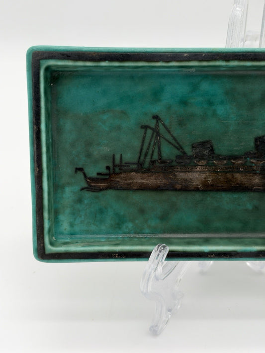 Gustavsberg Sweden Teal Argenta Trinket Dish boat 1940s Wilhelm Kåge