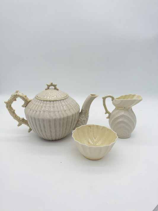 Belleek Ireland Limpet Shell Pattern Teapot Creamer &sugar Bowl 2nd Green Mark
