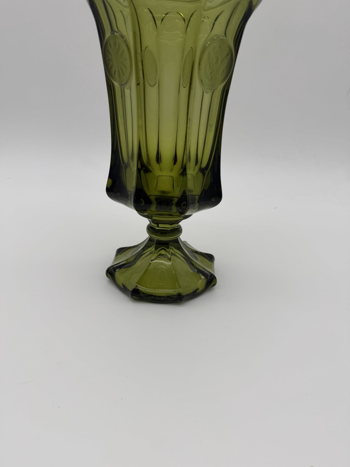 Fostoria Art Glass Embossed Coin 13”H olive Green Compote Lidded Urn Vase