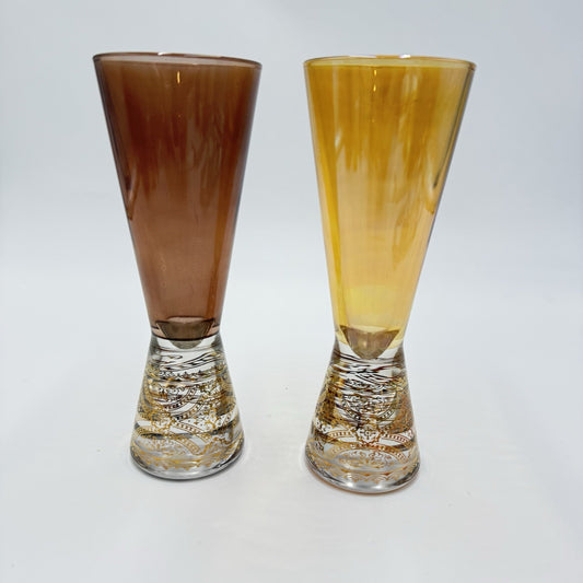 2 Vintage Collezione Timon Art Glass Italian Iridescent Gold Champagne Flutes