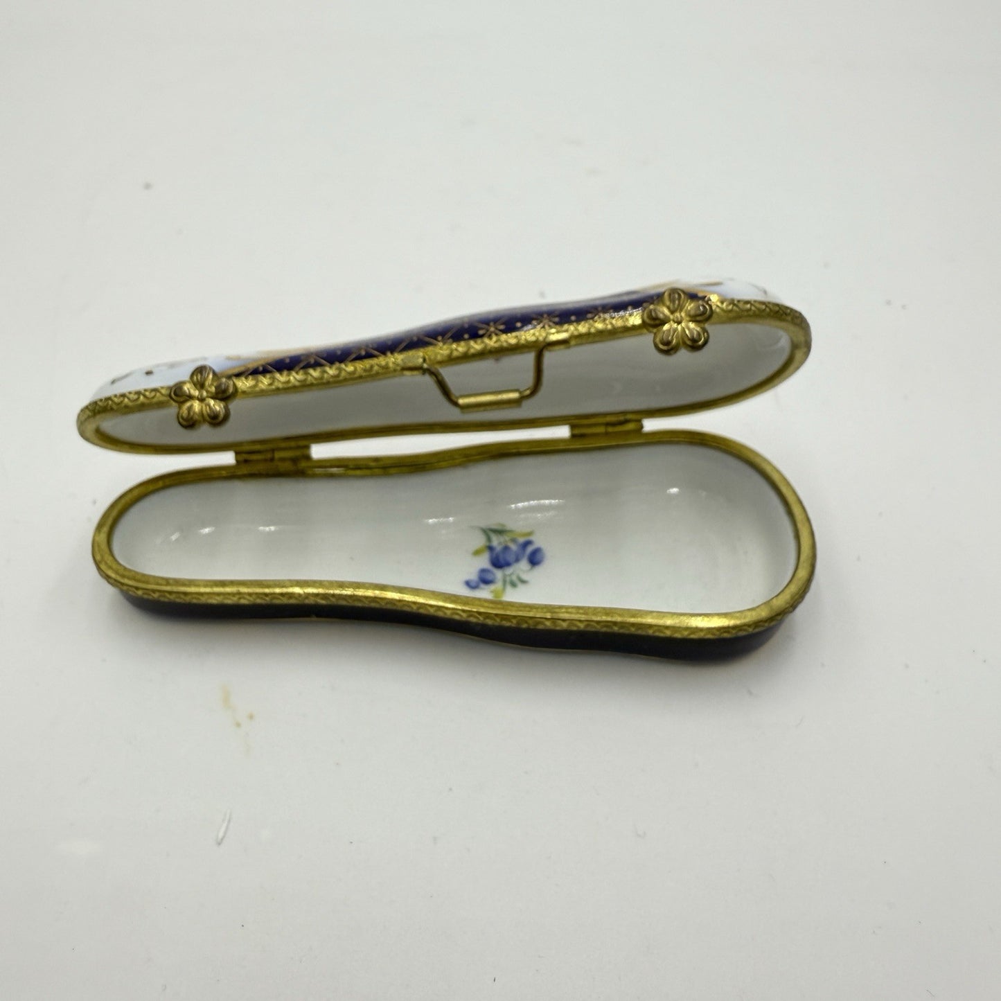 Museum Of Jewelry Porcelain Cobalt Floral Miniature Violin Case Trinket Box