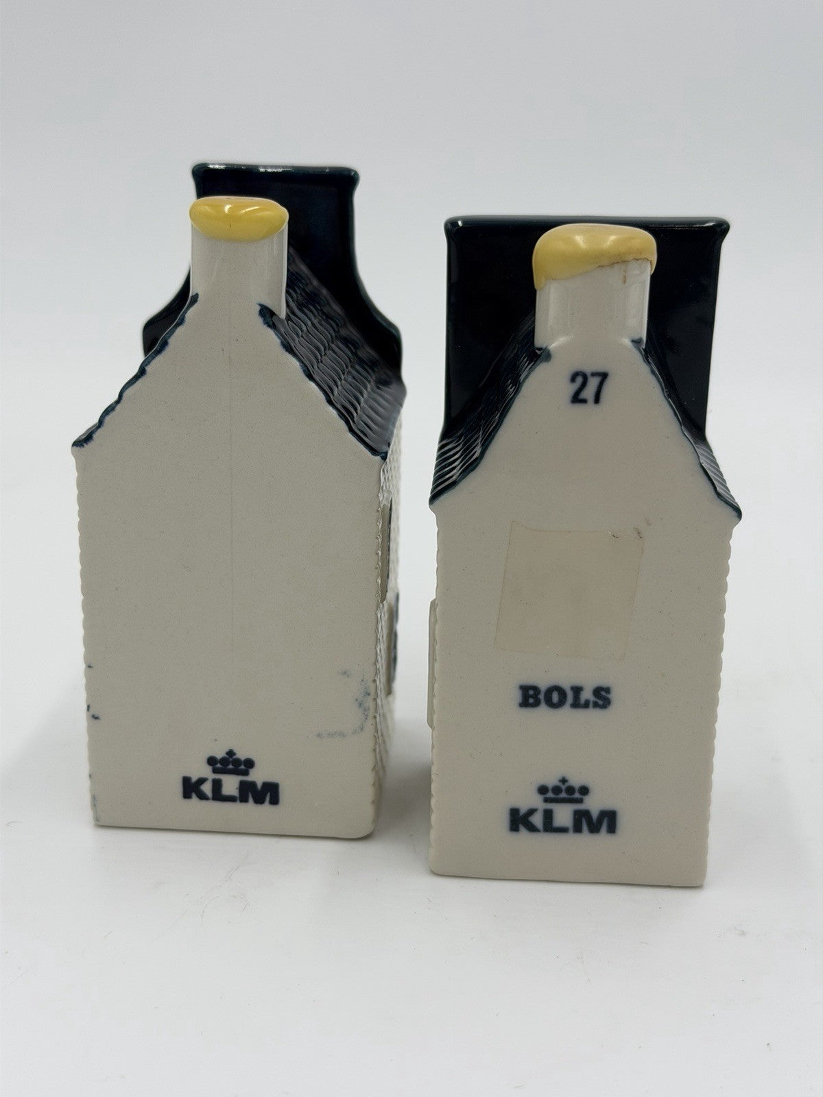 KLM Blue Delft Porcelain Empty Houses Decanters # 23 & 27 Figurines Netherlands