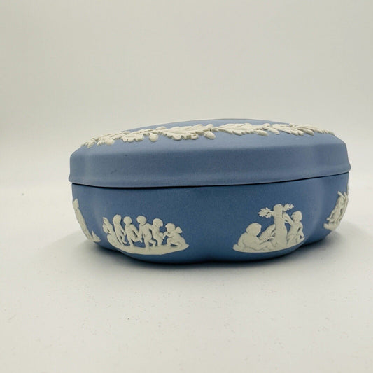 Wedgwood Blue Jasperware Covered Dresser Trinket Box Inlaid Ornate Horse Vintage