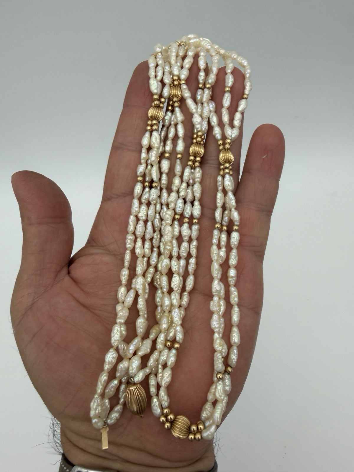 14K Yellow Gold Ribbed Beaded Freshwater Pearl Necklace Triple Strand 31”