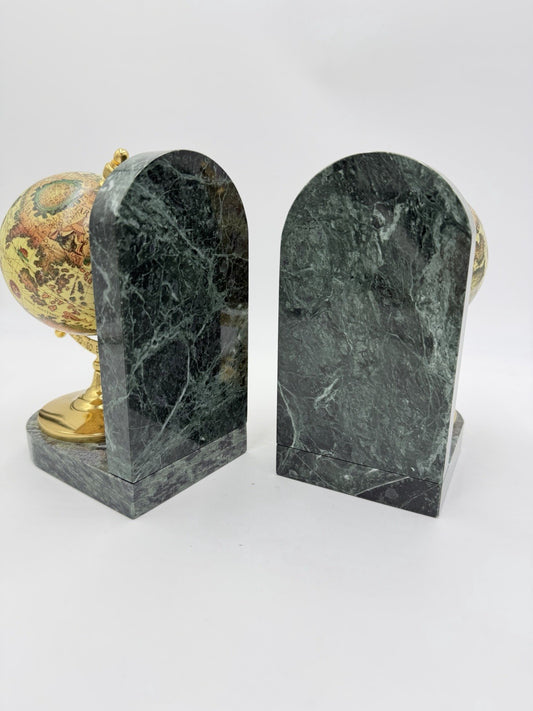 Vintage Marble & Brass Old World Globe Pair Green Gold Bookends 7”Hx9”Lx3”W