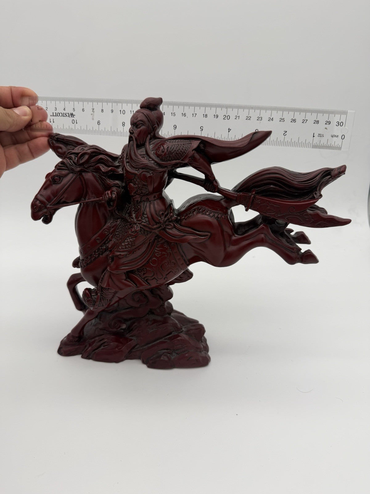 Large Chinese Red Resin Guan Yu Warrior Riding Galloping Horse Sculpture 10”x12”